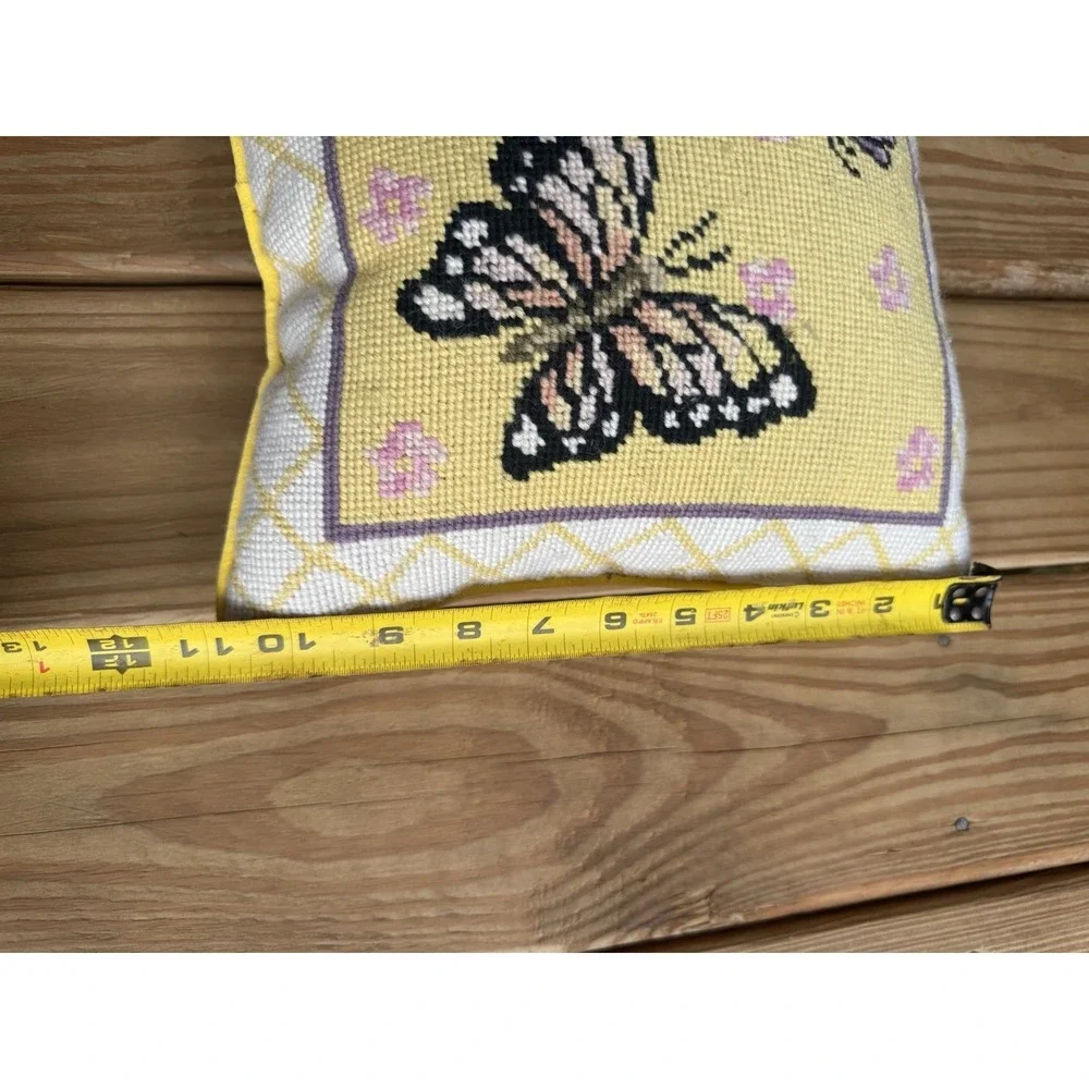 Vintage MCM Needlepoint Tapestry Throw Pillow Daisies Butterflies yellow BOHO